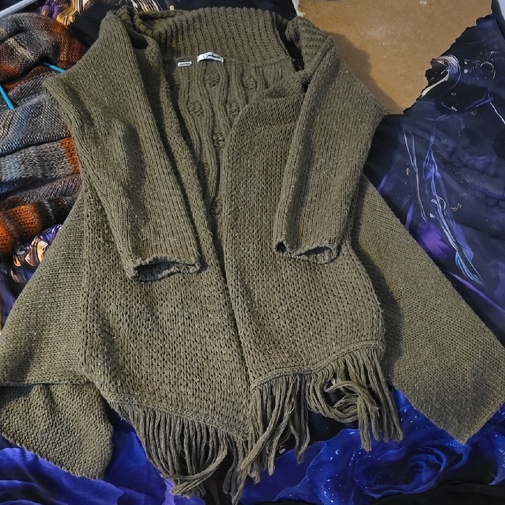 Olive Green Fringe Sweater